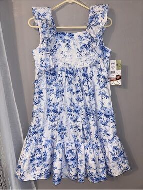 NWT Bonnie Jean Girls Blue Floral White Ruffle Sundress Lace Waist Trim 18 1/2